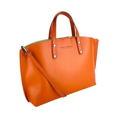 RB1024AM | Women's handbag in genuine leather Made in Italy with removable shoulder strap.   Large internal removable bag. Accessories Shiny Gunmetal - Paprika color - Dimensions: 48x31x11 cm