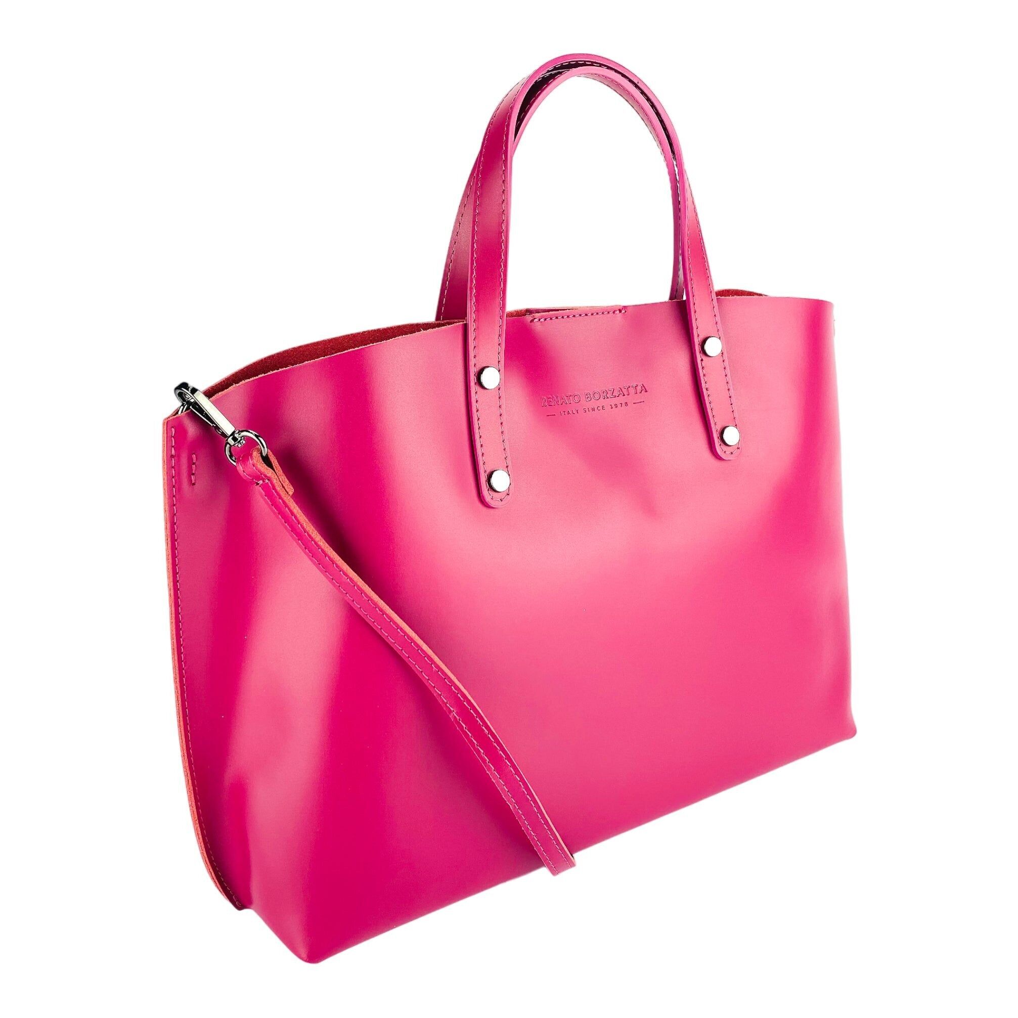 RB1024BE | Bolso de mujer en piel auténtica Made in Italy con bandolera extraíble. Gran bolsa interna extraíble. Accesorios bronce brillante - Color fucsia - Dimensiones: 48x31x11 cm