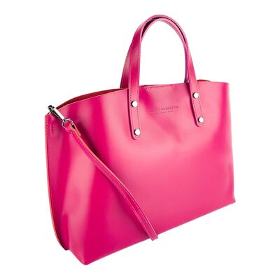 RB1024BE | Women's handbag in genuine leather Made in Italy with removable shoulder strap.   Large internal removable bag. Glossy gunmetal accessories - Fuchsia color - Dimensions: 48x31x11 cm