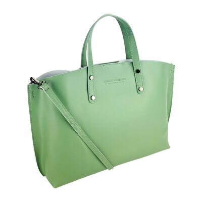 RB1024BF | Women's handbag in genuine leather Made in Italy with removable shoulder strap.   Large internal removable bag. Glossy gunmetal accessories - Mint color - Dimensions: 48x31x11 cm