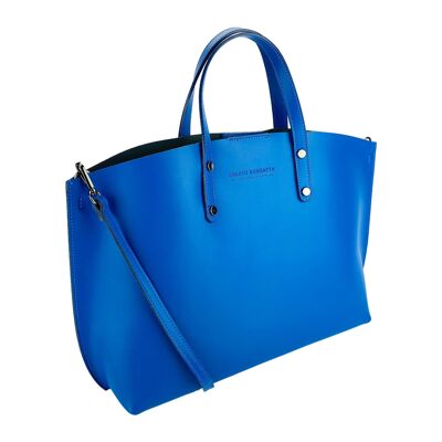 RB1024CH | Women's handbag in genuine leather Made in Italy with removable shoulder strap.   Large internal removable bag. Polished gunmetal accessories - Royal blue color - Dimensions: 48x31x11 cm