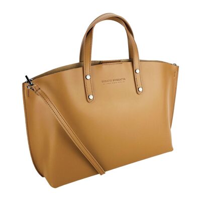 RB1024S | Women's handbag in genuine leather Made in Italy with removable shoulder strap.   Large internal removable bag. Accessories Polished Gunmetal - Cognac color - Dimensions: 48x31x11 cm