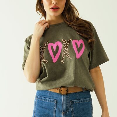 Khaki t-shirt with the peace and love sign in black and gold