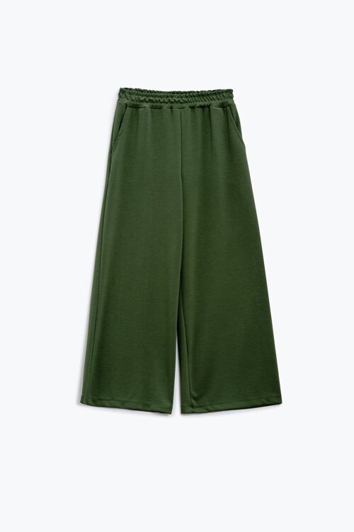 Khaki wide leg pants with elastic waistband inside