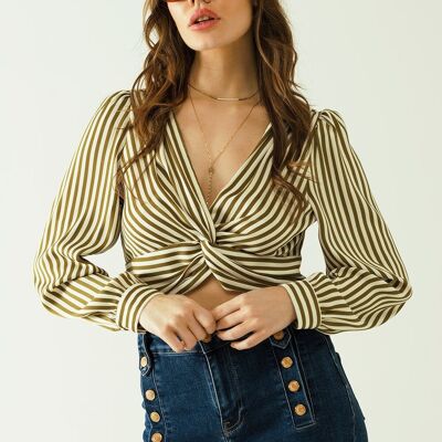 White long sleeves crop top with brown stripes and v-neck