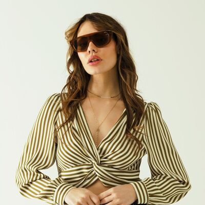 White long sleeves crop top with brown stripes and v-neck