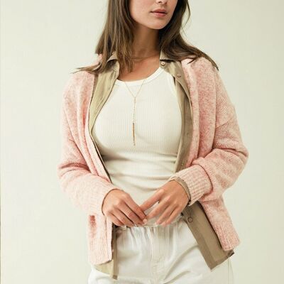 pink knit cardigan with wide V-neck and button closure