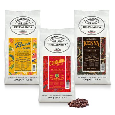 Granos de café | Mejor vendido | Brasil, Colombia, Kenia | 3x500g