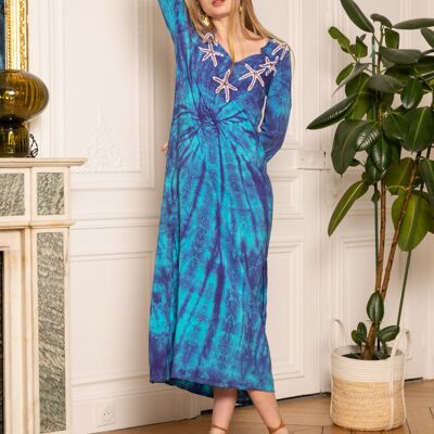 Long tie and dye dress with starfish embroidery, invisible pockets