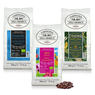 Coffee beans | Journey between continents | Ethiopia, Ara Organic, Sumatra | 3 x 500g