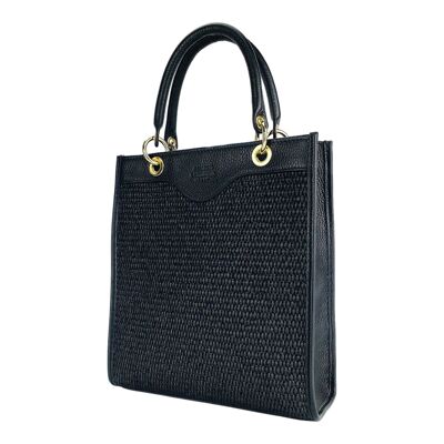 RB1026A | Vertical women's handbag in genuine leather and straw Made in Italy.   Removable and adjustable leather shoulder strap. Polished Gold Accessories - Black Color - Dimensions: 24 x 29 x 9 cm