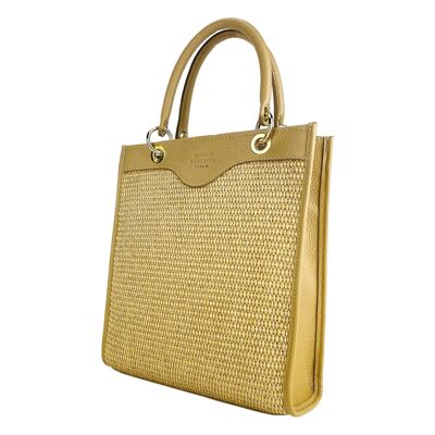 RB1026AE | Vertikale Damenhandtasche aus echtem Leder und Stroh, hergestellt in Italien. Abnehmbarer und verstellbarer Schultergurt aus Leder. Accessoires aus poliertem Gold – Sandfarbe – Maße: 24 x 29 x 9 cm