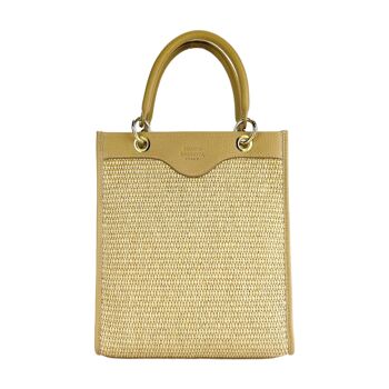 RB1026AE | Sac à main vertical pour femme en cuir véritable et paille Fabriqué en Italie. Bandoulière en cuir amovible et réglable. Accessoires Or Poli - Couleur Sable - Dimensions : 24 x 29 x 9 cm 2