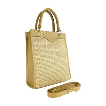 RB1026AE | Sac à main vertical pour femme en cuir véritable et paille Fabriqué en Italie. Bandoulière en cuir amovible et réglable. Accessoires Or Poli - Couleur Sable - Dimensions : 24 x 29 x 9 cm 3