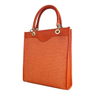 RB1026BM | Bolso de mano vertical para mujer en piel auténtica y paja Made in Italy. Bandolera de piel extraíble y ajustable. Accesorios Oro Pulido - Color Coral - Dimensiones: 24 x 29 x 9 cm