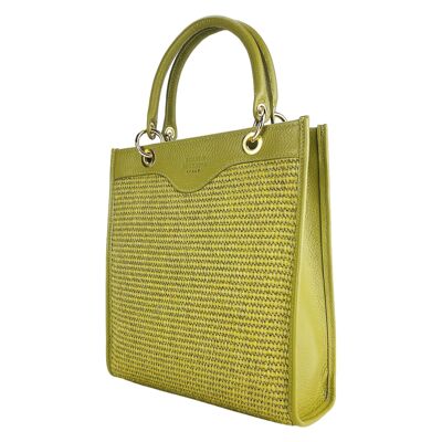 RB1026CM | Vertical women's handbag in genuine leather and straw Made in Italy.   Removable and adjustable leather shoulder strap. Polished Gold Accessories - Pistachio Color - Dimensions: 24 x 29 x 9 cm