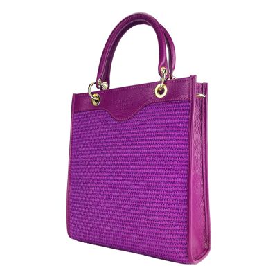 RB1026CN | Vertical women's handbag in genuine leather and straw Made in Italy.   Removable and adjustable leather shoulder strap. Polished Gold Accessories - Raspberry Color - Dimensions: 24 x 29 x 9 cm