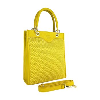 RB1026R | Sac à main vertical pour femme en cuir véritable et paille Fabriqué en Italie. Bandoulière en cuir amovible et réglable. Accessoires en Or Poli - Couleur Jaune - Dimensions : 24 x 29 x 9 cm 3