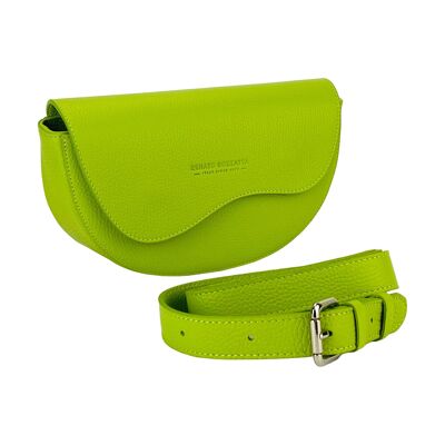 RB1027AD | Borsa Donna a Bandoliera stondata in Vera Pelle Made in Italy. Tracolla removibile e regolabile in pelle. Accessori Nickel Lucido - Colore Lime - Dimensioni: cm 25 x 15 x 9