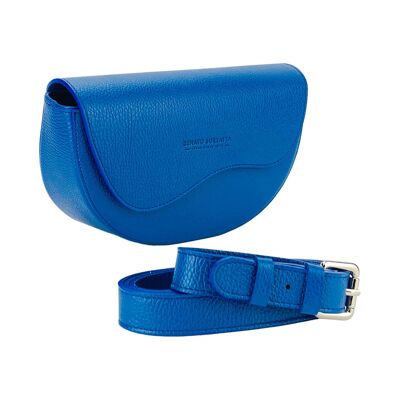 RB1027CH | Bolso bandolera redondeado para mujer en piel auténtica Made in Italy. Bandolera de piel extraíble y ajustable. Accesorios de Níquel Pulido - Color Azul Royal - Dimensiones: 25 x 15 x 9 cm