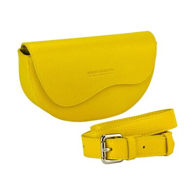 RB1027R | Women's rounded crossbody bag in genuine leather Made in Italy.   Removable and adjustable leather shoulder strap. Polished Nickel Accessories - Yellow Color - Dimensions: 25 x 15 x 9 cm