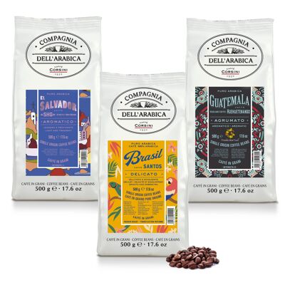Granos de café | Notas de café y chocolate | Brasil, El Salvador, Guatemala | 3x500g