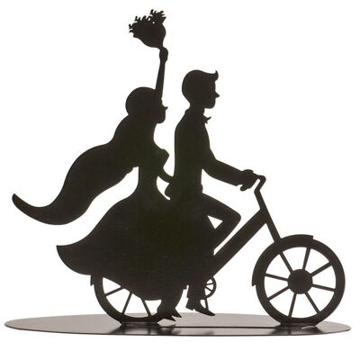 BLACK METAL WEDDING COUPLE BRIDE AND BRIDE ON BICYCLE 18CM