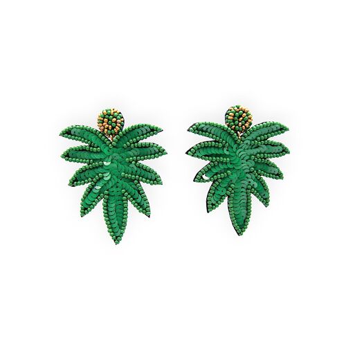Green Sequin & Beaded Palm Leaf Earrings