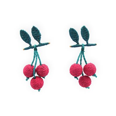 Pink Raffia Cherry On Branch Earrings