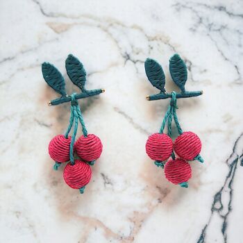 Boucles D'oreilles Cerise Sur Branche En Raphia Rose 2