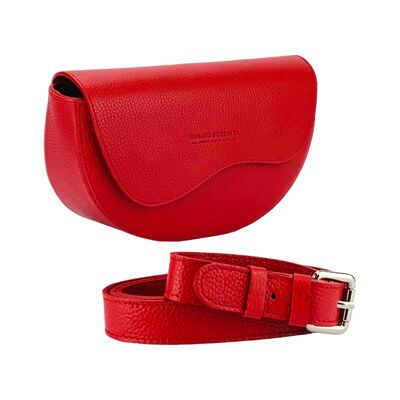 RB1027V | Women's rounded crossbody bag in genuine leather Made in Italy.   Removable and adjustable leather shoulder strap. Polished Nickel Accessories - Red Color - Dimensions: 25 x 15 x 9 cm