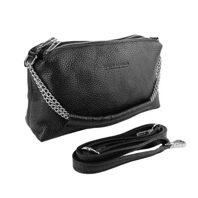 RB1025A | Damenhandtasche mit Doppelreißverschluss aus echtem Leder, hergestellt in Italien. Verstellbarer Schultergurt aus Leder. Zubehör aus poliertem Nickel – Farbe Schwarz – Maße: 26 x 14 x 9 cm