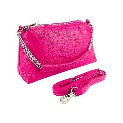 RB1025BE | Damenhandtasche mit Doppelreißverschluss aus echtem Leder, hergestellt in Italien. Verstellbarer Schultergurt aus Leder. Zubehör aus poliertem Nickel – Farbe Fuchsia – Maße: 26 x 14 x 9 cm