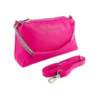 RB1025BE | Women's handbag with double zip in Genuine Leather Made in Italy.   Adjustable leather shoulder strap. Polished Nickel Accessories - Fuchsia color - Dimensions: 26 x 14 x 9 cm