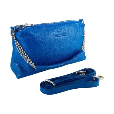 RB1025CH | Women's handbag with double zip in Genuine Leather Made in Italy.   Adjustable leather shoulder strap. Polished Nickel Accessories - Royal Blue Color - Dimensions: 26 x 14 x 9 cm