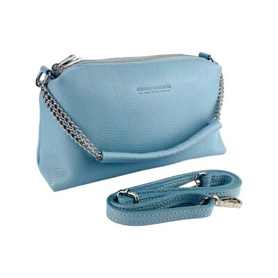 RB1025CL | Damenhandtasche mit Doppelreißverschluss aus echtem Leder, hergestellt in Italien. Verstellbarer Schultergurt aus Leder. Zubehör aus poliertem Nickel – Farbe Hellblau – Maße: 26 x 14 x 9 cm