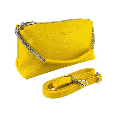 RB1025R | Bolso de mano para mujer con doble cremallera en Piel Auténtica Made in Italy. Asa bandolera de piel ajustable. Accesorios de Níquel Pulido - Color Amarillo - Dimensiones: 26 x 14 x 9 cm