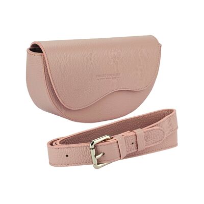 RB1027AZ | Women's rounded crossbody bag in genuine leather Made in Italy.   Removable and adjustable leather shoulder strap. Polished Nickel Accessories - Antique Pink Color - Dimensions: 25 x 15 x 9 cm