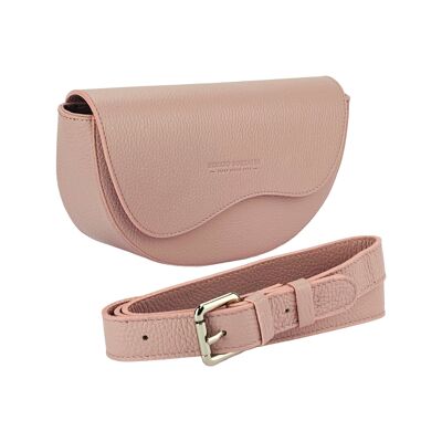 RB1027AZ | Borsa Donna a Bandoliera stondata in Vera Pelle Made in Italy. Tracolla removibile e regolabile in pelle. Accessori Nickel Lucido - Colore Rosa Antico - Dimensioni: cm 25 x 15 x 9