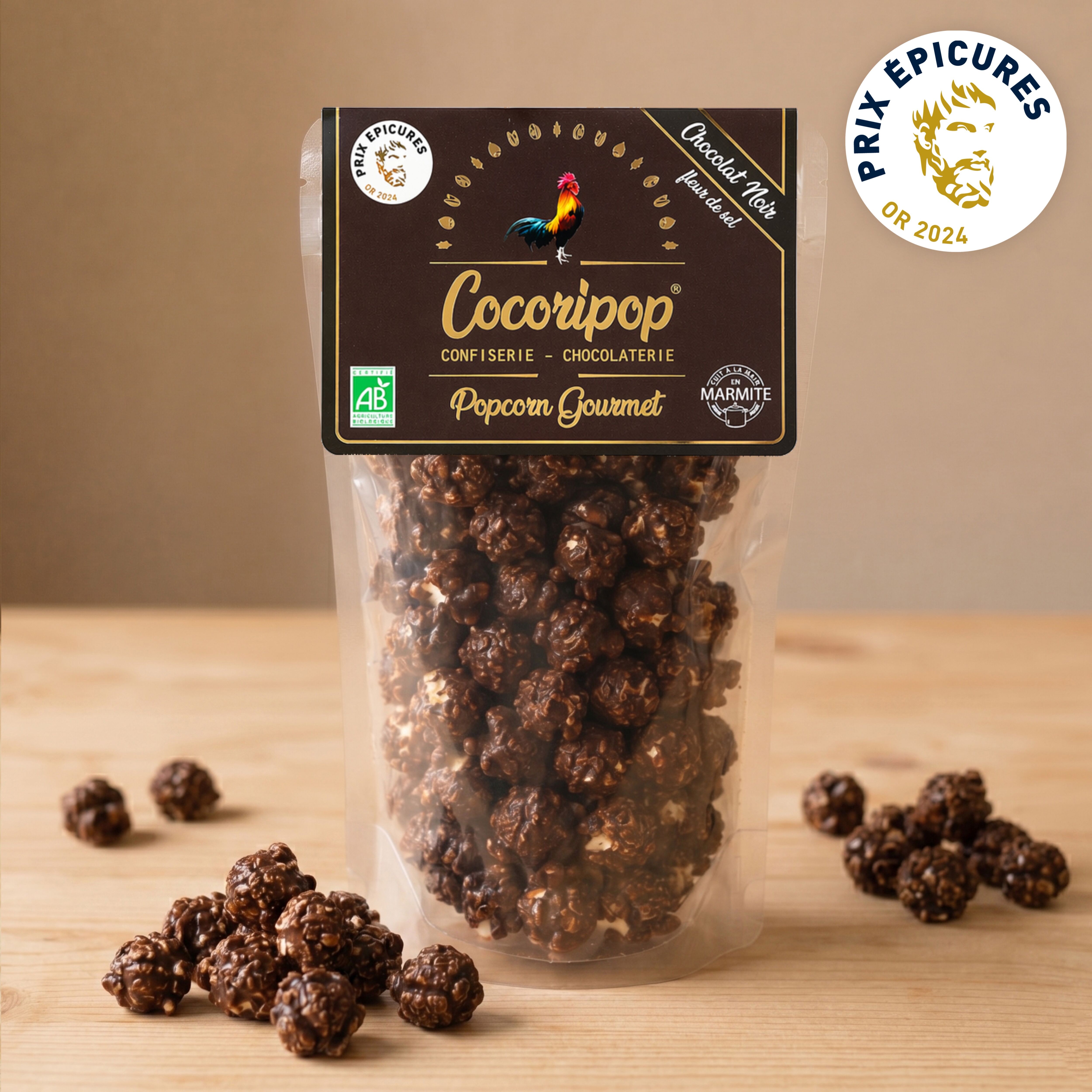 Dark chocolate fleur de sel popcorn (2024 Epicures gold medal)