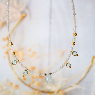 Collana di apatite Kashi, morganite, argomento marino e labradorite