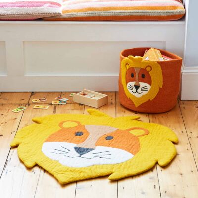 Tapis de lion pour enfants fait main en feutre et panier de rangement