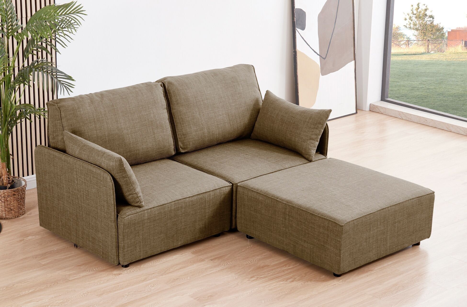 DIVANO COMPONIBILE CON BRACCIOLI MOU 2 POSTI + CHAISELONGUE IN TESSUTO BEIGE 186 x 183 x 93 CM OK1457