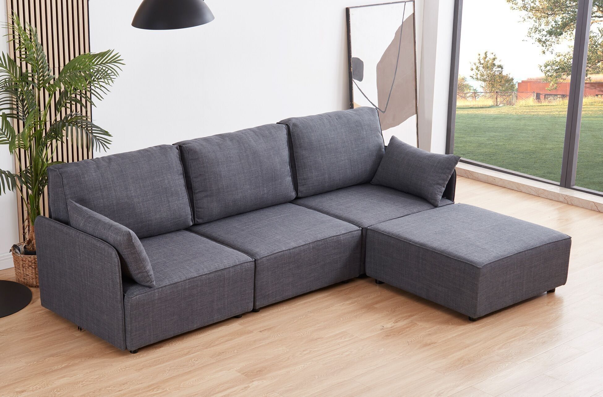 DIVANO COMPONIBILE CON BRACCIOLI MOU 3 POSTI + CHAISELONGUE IN TESSUTO GRIGIO 276 x 183 x 93 CM OK1460