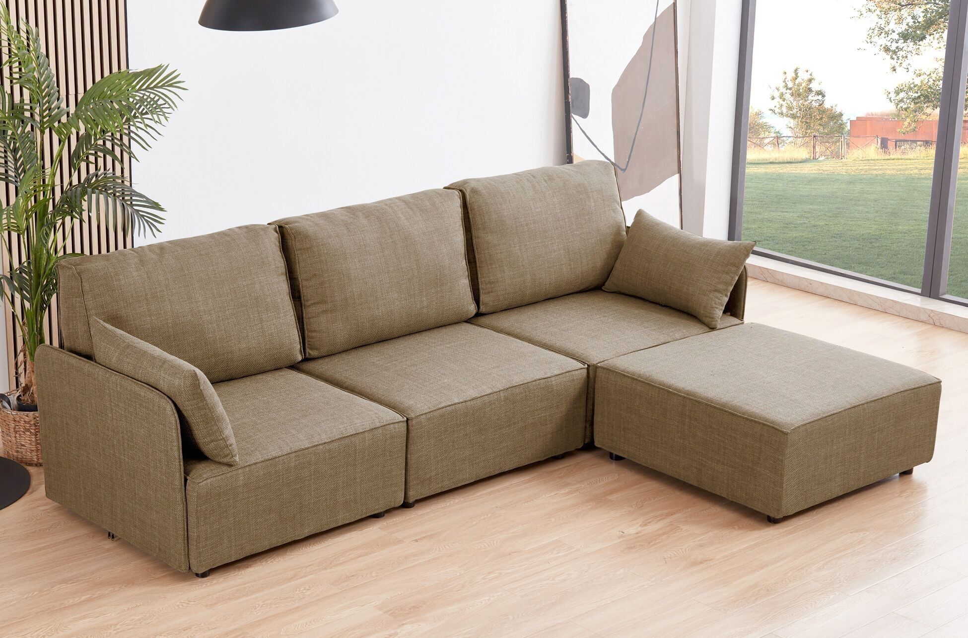 DIVANO COMPONIBILE CON BRACCIOLI MOU 3 POSTI + CHAISELONGUE IN TESSUTO BEIGE 276 x 183 x 93 CM OK1461