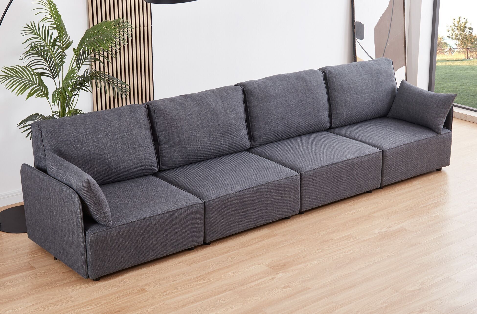 DIVANO COMPONIBILE CON BRACCIOLI MOU 4 POSTI TESSUTO GRIGIO 366 x 93 x 93 CM OK1462