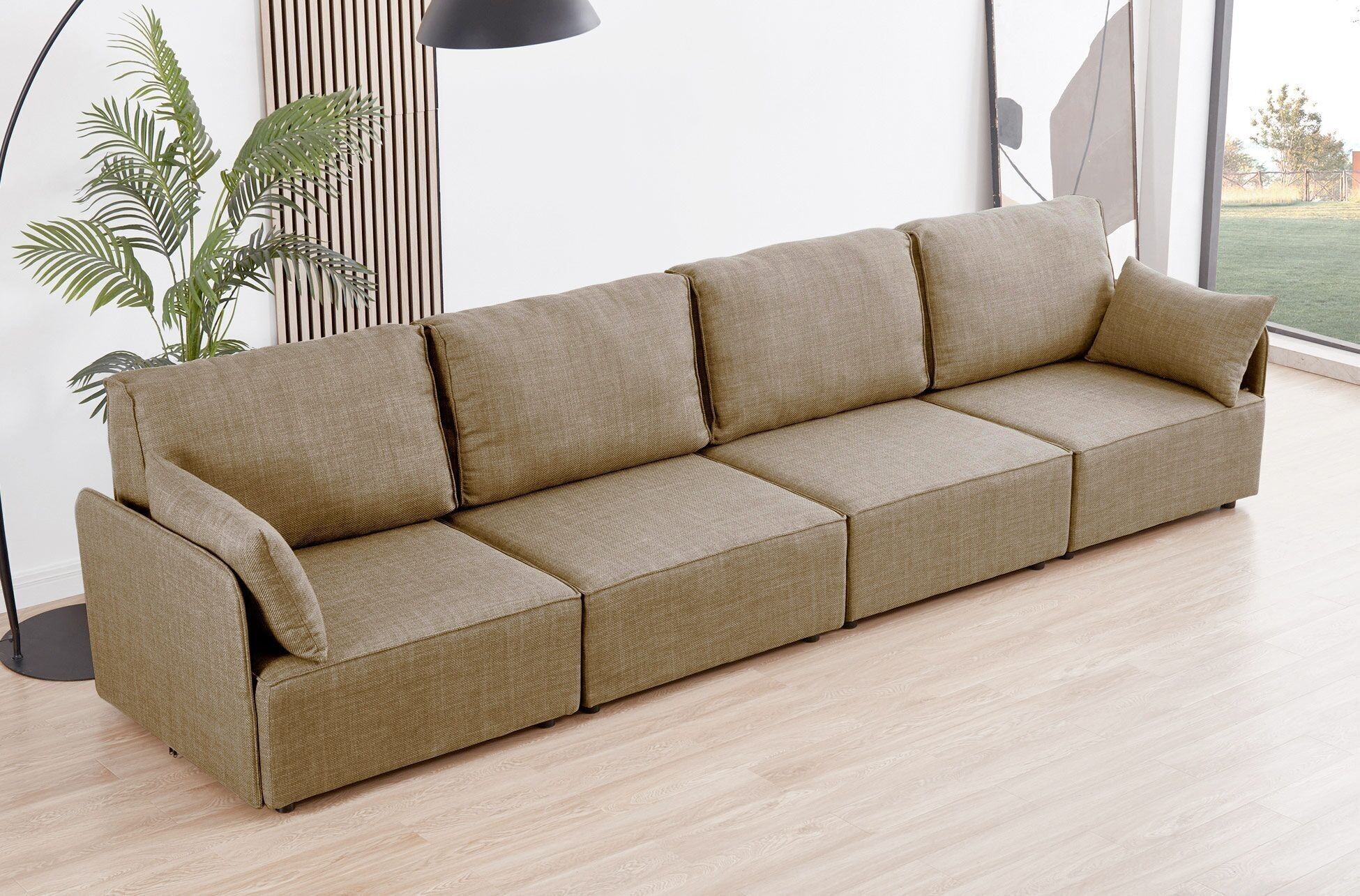 DIVANO COMPONIBILE CON BRACCIOLI MOU 4 POSTI TESSUTO BEIGE 366 x 93 x 93 CM OK1463