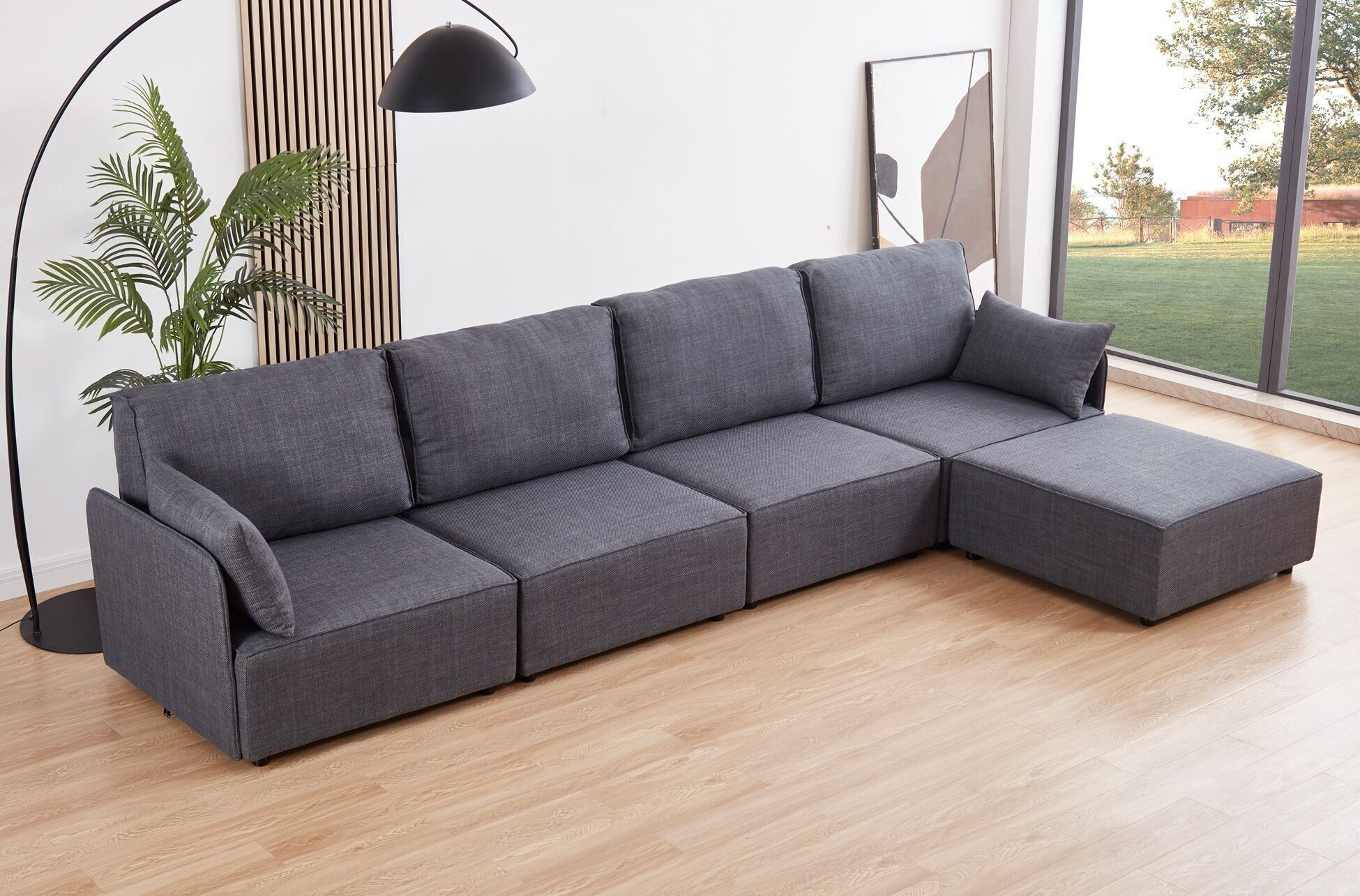 DIVANO COMPONIBILE CON BRACCIOLI MOU 4 POSTI + CHAISELONGUE IN TESSUTO GRIGIO 366 x 183 x 93 CM OK1464