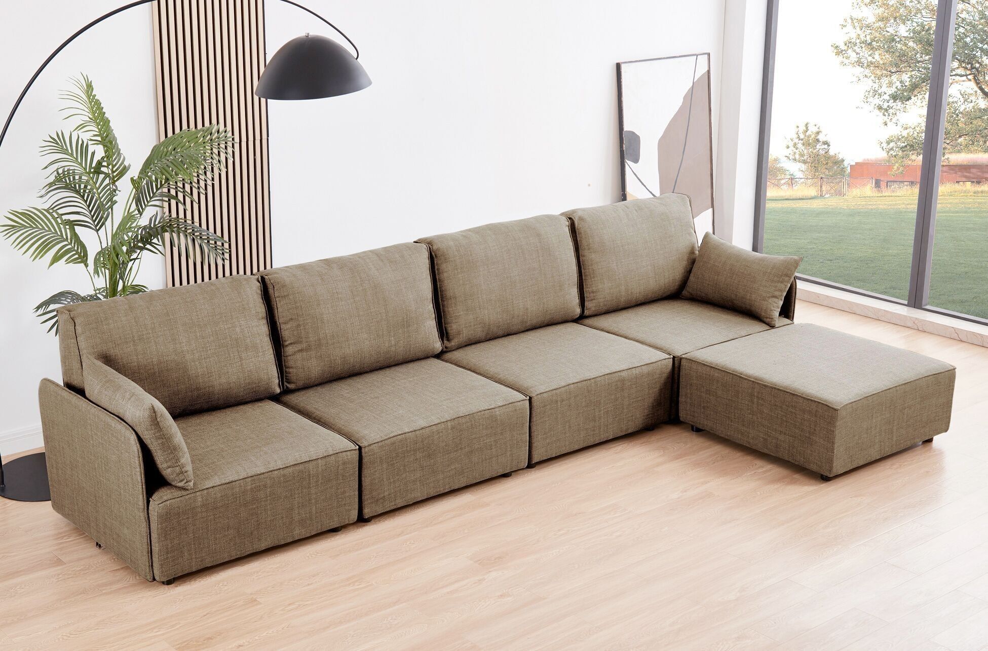 DIVANO COMPONIBILE CON BRACCIOLI MOU 4 POSTI + CHAISELONGUE IN TESSUTO BEIGE 366 x 183 x 93 CM OK1465