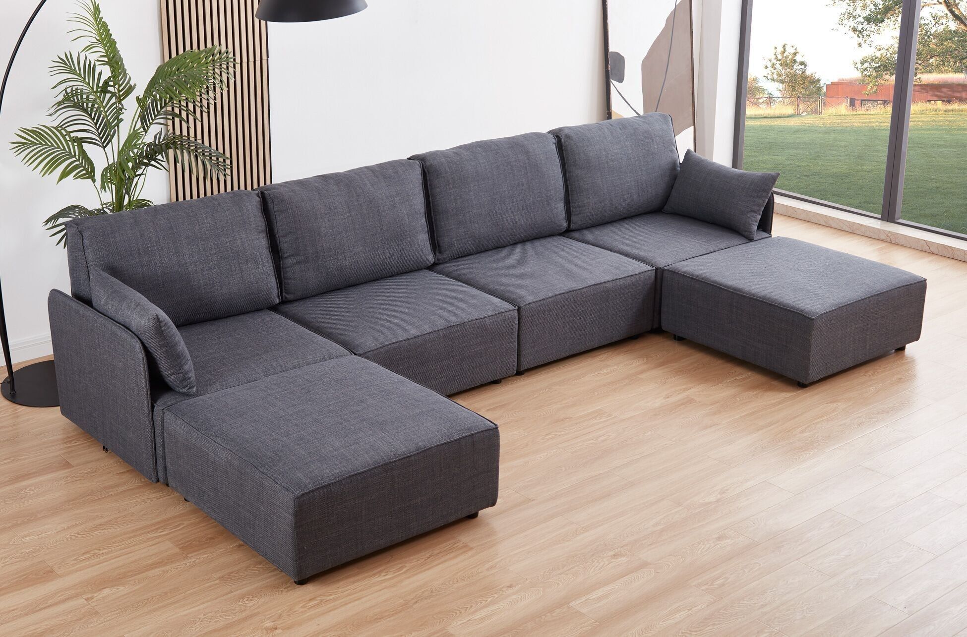 DIVANO COMPONIBILE CON BRACCIOLI MOU 4 POSTI + 2 CHAISELONGUE IN TESSUTO GRIGIO 366 x 183 X 93 CM OK1466
